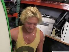 Desperate surfer opens his mouth and ass to the pawn shop owners