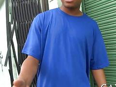 Chocolate hottie drops to his knees to suck an erection