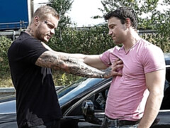 Roadside bareback anal with two amateur hunks