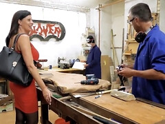 Hot MILF gets fucked by two carpenters at the workshop