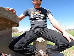 Pissing cum-stained punk jeans in a public park