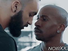 Muscular black gay ass destroys hunky bearded white stud