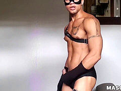 wondrous ebony homo in rabbit costume and mask jacks off his BBC