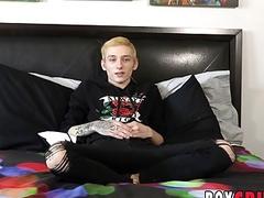 Blonde twink shows off his skinny body and teases solo