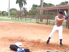 Baseball jock wanks cum during anal fucking