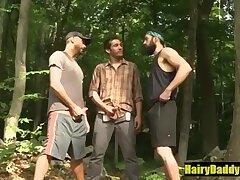 Hung hairy threesome outdoors