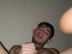 Slut cums while fucking his ass with a bat