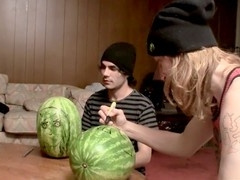 Inked straight guys have fun with watermelons until they blow their load