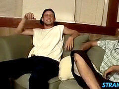 mischievous studs Ajax and Cg enjoys wanking on living room couch