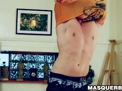 Handsome jock masturbates solo after slow sensual striptease