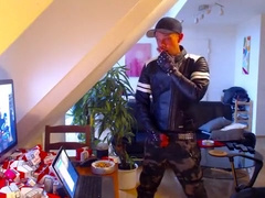 Smoke and jerk off in biker leather jacket