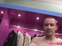 Twins and huge-chested clerk in boutique deep-throat