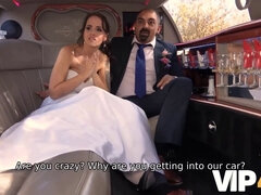 Naughty bride gets her big tits and tight ass pounded in a wedding limo by random strangers