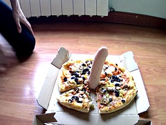 CUM FOOD fetish. Teasing, dildoing and eating pizza with cum