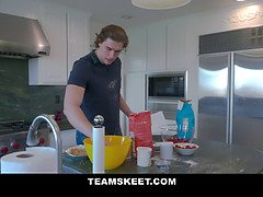 Watch this young slut get her tight pussy destroyed in the kitchen