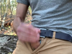 Fapping in the forest on a log, wordy, close-up money-shot