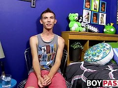 Skinny gay Bentley Ryan interviewed and jerking off to cum