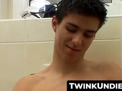 TwinkUndie.com - Horny Jake's wet and hard orange undies solo jerk off