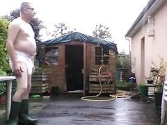 Older gay guy wears underwear and panties while masturbating