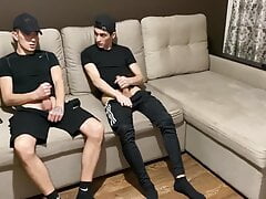 Straight jerk off with twink gay friend in sportswear (blowjob and cum in mouth)