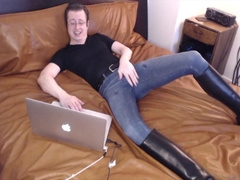 I spunk in my denim and tall shoes observing pornography on my leather sofa