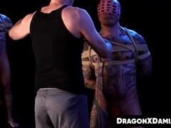 Tatted Damian Dragon was blindfolded and bounded hard for pleasure