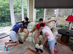 NastyTwinks - TV and Chill - Two couples watch tv, when they start fooling around. Hot uncut Latinos and trading bottoms