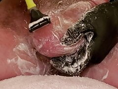 Daddy Shavebrush shaving and caging tiny grandpa penis