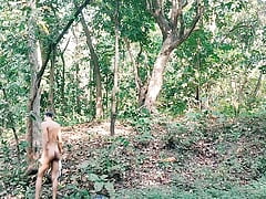 Tall sexy men walking nude in forest