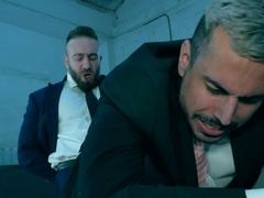 Aroused men in suits fuck hardcore style and share best bareback details