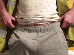 Scally construction worker jonny4dad, freeball bulge in sweatpants, two handed wank, cum eating