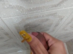 Femboy in da bathroom stroking off curved beef whistle