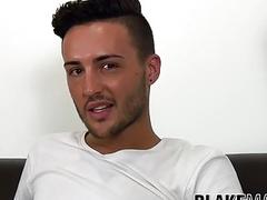 Dashing stud strips after an interview and jerks off solo