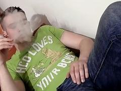 Cuties with cigarettes are relaxed during threesome