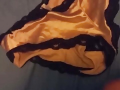 Cumshot on my cousins stolen silky satin panties