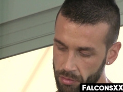 FalconsXXX.com - Muscular and tattooed hunks engage in a raw anal threesome encounter