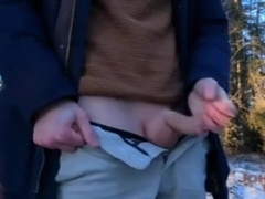 Gigantic Spunk Stream in the Cold Air!