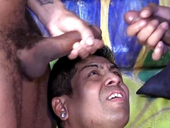 Latino's fuckholes spit roasted by two horny hunks