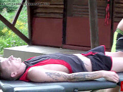 tattooed twink barebacked after outdoor massage with father