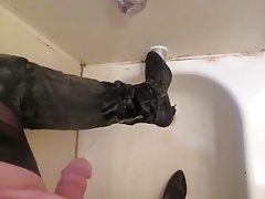 Pissing worn out Thigh Boots before throwing out