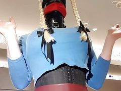 Huge tits hooded and gagged sissy slut dancing in front of her camera