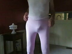 Male fem slut in tight leggings and visible woman's panties.