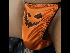 Playing With My Bulge In a Halloween Satin Sissy Thong