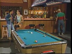 Homo guys having blowjob with each other on a pool table in a bar