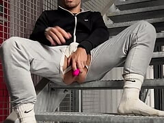 Hunk in NIKE socks is playing with his pussy untill he gots anal orgasm and cums handsfree