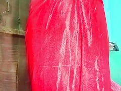 Indian Gay Crossdresser in Red Saree xxx playing with her boobs and doing sex