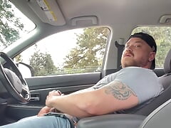 Handsome stocky beefy jock masturbating in car