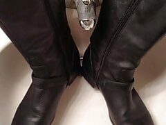 Piss on female friend's riding boots