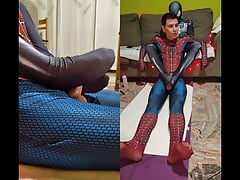 Spiderman and Venom give each other a footjob from behind
