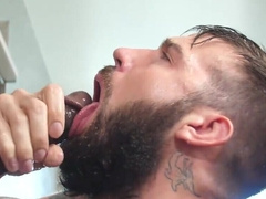 Bearded man sucks cock naked at the shower and gets anal drilled in intense interracial